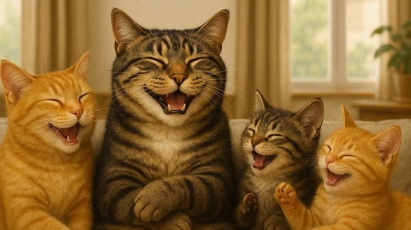 4匹の猫がそろって大笑いしているような表情を見せる、明るく楽しい雰囲気のシーン