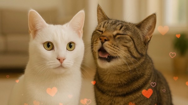 白猫とキジトラ猫が並び、キジトラが白猫のフェロモンに甘い表情を見せるラブラブなツーショット