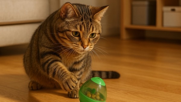 知育トイを使って遊びながらごはんを食べるキジトラ猫。遊びと食事を両立し、早食いを防止する賢い行動。