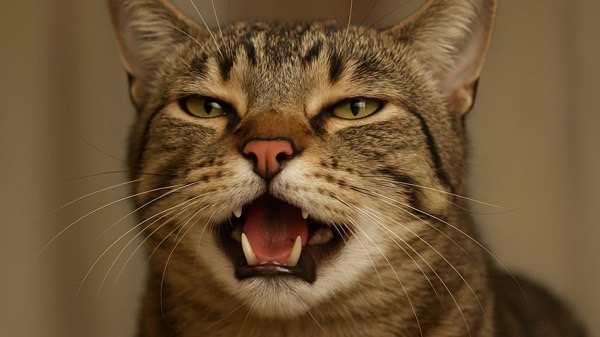 口を半開きにしてフレーメン反応の表情を見せるキジトラ猫のアップ