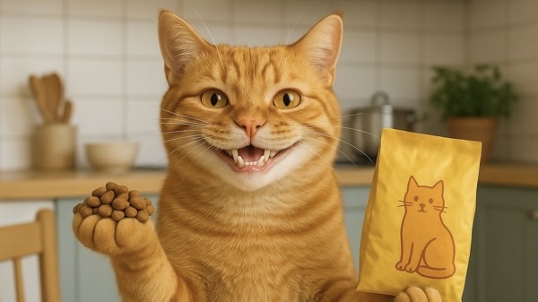 嬉しそうにカリカリを手に持ち、自慢げな笑顔を見せる茶トラ猫。背景はキッチンで、食事の時間が楽しみな様子。