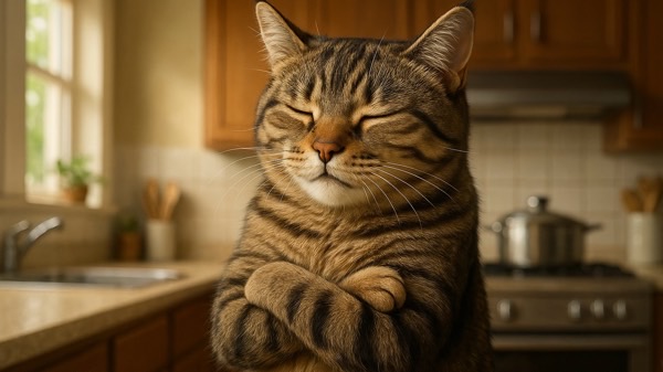 キッチンで腕を組みながら考え事をしているような表情のキジトラ猫のリアルな姿