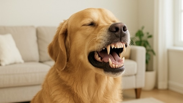 リビングで口を開け、フレーメン反応のように匂いを感じ取っているゴールデンレトリバー