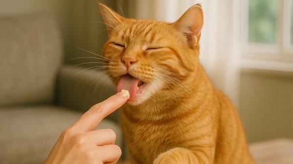 飼い主の指先からおやつをなめる茶トラ猫。信頼と甘えが伝わる微笑ましい瞬間