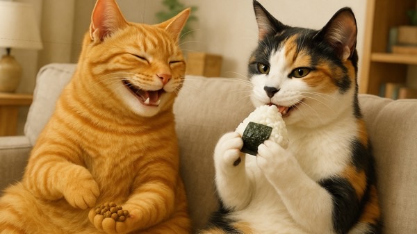 ソファの上で、茶トラ猫がカリカリを持って笑い、隣の三毛猫がおにぎりを頬張る可愛いツーショット。