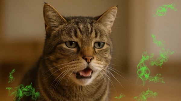 においを嗅いだあとフレーメン反応をしているキジトラ猫と、周囲に漂う緑のにおいのイメージ