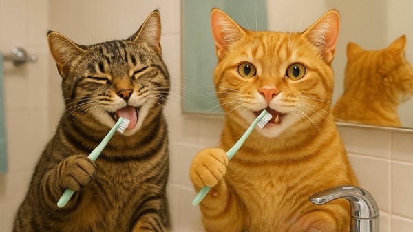 洗面所で歯ブラシを持ち、仲良く歯みがきをする茶トラ猫とキジトラ猫。真剣な表情と楽しげな雰囲気が可愛いシーン。