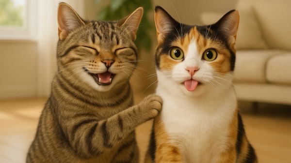 三毛猫の肩に手を置いて笑うキジトラ猫と、舌を出している三毛猫の仲良しツーショット