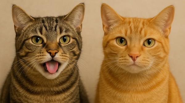 キジトラ猫と茶トラ猫が並んで座るツーショット。舌を出している子と真面目な顔の子の対比が可愛い