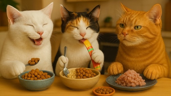 白猫、三毛猫、茶トラ猫の3匹が並んで食事中。スプーンやフォークでカリカリを食べる子もいれば、ウェットフードを見つめる子もいて、それぞれの好みが表れている。