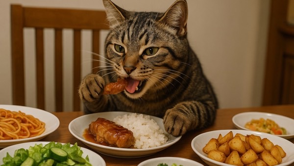 食卓でごはんとおかずを前においしそうに食べるキジトラ猫。食欲旺盛で満足げな表情