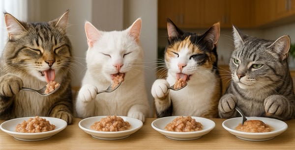 茶トラ・白猫・三毛・キジトラの4匹が並び、スプーンでウェットフードを味わう食事風景。みんな満足そうな表情。