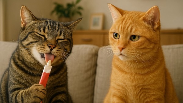 キジトラ猫がチュールを夢中で舐める横で、ソラくんがややあきれ顔で見つめている様子。性格の違いが微笑ましいシーン。