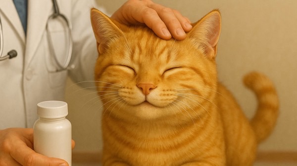 獣医師に頭をなでられて安心した表情を浮かべる茶トラ猫。診察後に薬を処方された様子