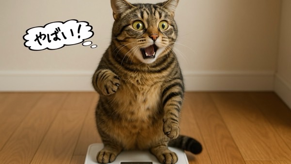 体重計の上で『やばい！』と驚くキジトラ猫。食べすぎを気にするユーモラスなシーン