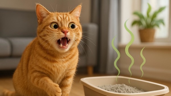 トイレのニオイに驚いた表情で口を開けている茶トラ猫