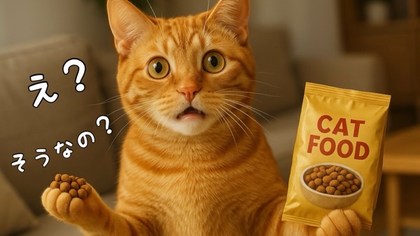 「え?そうなの?」と驚いた表情を見せる茶トラ猫。手にはカリカリの袋を持ち、思わぬ事実にびっくりしている様子。