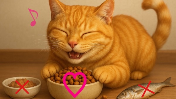 カリカリが大好きで幸せそうに食べる茶トラ猫。好物を前にご機嫌な表情