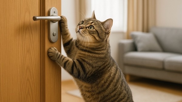 ドアノブの造りを観察して、どうしたら開くのか考えている猫