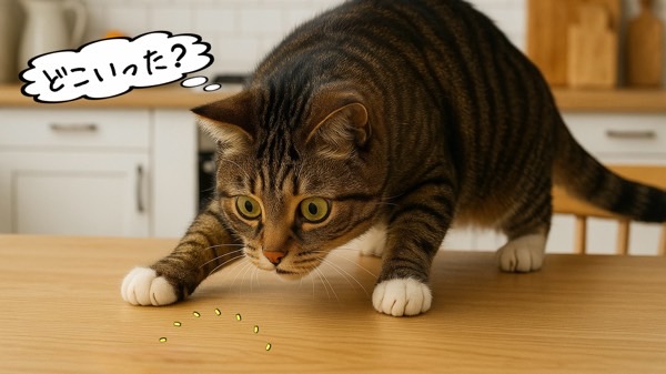 テーブルにあったはずの食べ物を探している猫の様子