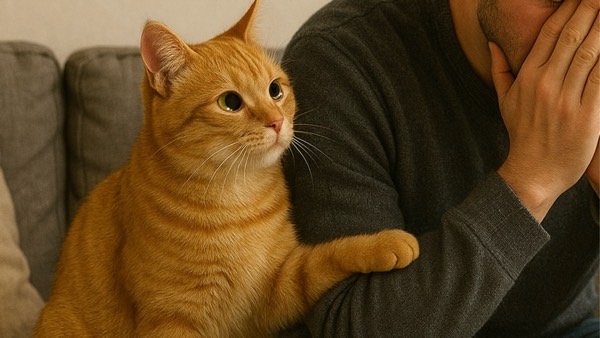 落ち込んでいる飼い主の気持ちを察してスッと寄り添う猫
