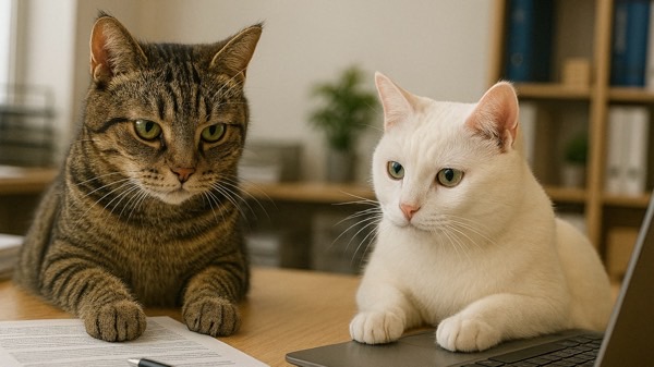 デスク上の資料やパソコンに興味を示す2匹の飼い猫