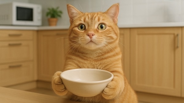 からの器を差し出して「ご飯がないよ」と催促する猫