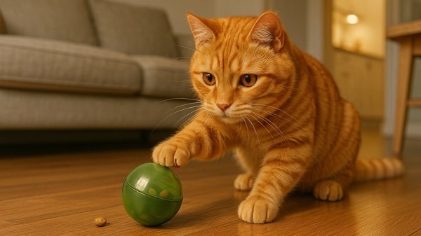 知育トイを転がしてフードを取り出そうとする茶トラ猫