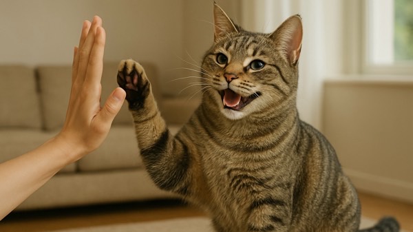 嬉しそうな笑顔で飼い主とハイタッチする猫
