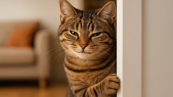 ドアの影に隠れてリビングの様子を伺う猫