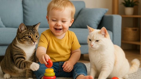 おもちゃで楽しく遊ぶ２歳児と2匹の猫達