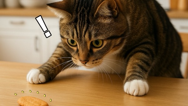 テーブルの上にある人間のおやつを見つけて狙っている様子の猫