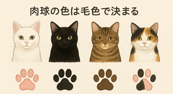 猫の毛色によって肉球の色が変わる仕組みを示したイラスト（白・黒・茶・三毛猫）