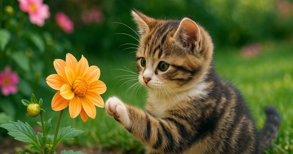 庭で花にそっと前足を伸ばして触れようとする子猫。好奇心いっぱいの表情が可愛い。