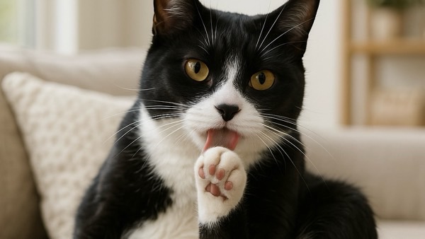 前足をペロリと舐めながら、自慢のピンクの肉球を見せるハチワレ猫