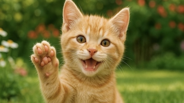 芝生の上で笑顔を見せながら手を振る茶トラの子猫。明るく元気な雰囲気