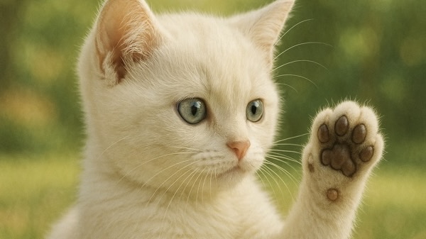 白い子猫が前足を上げて肉球を見せている様子。ピンク色の肉球がよく見える横向きの構図。