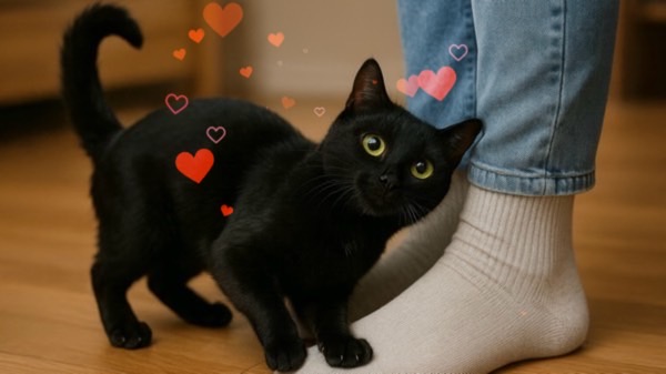 飼い主の足元にスリスリして甘える黒猫。ハートマークが飛び交う可愛い仕草