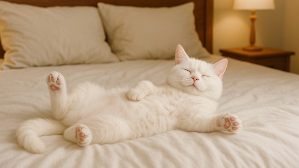 ベッドの真ん中でへそ天になって幸せそうに眠る白猫。ピンクの肉球が可愛い