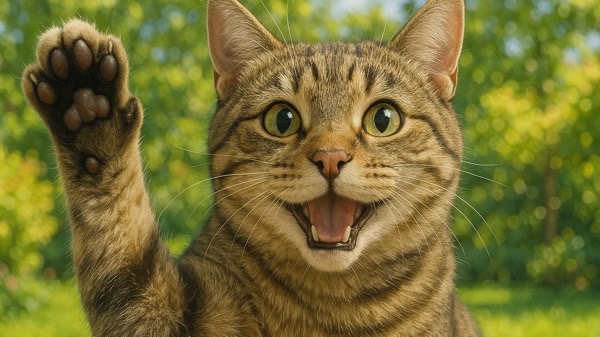 笑顔で前足を上げて手を振るようなポーズをするキジトラ猫。元気で楽しそうな表情が可愛い。