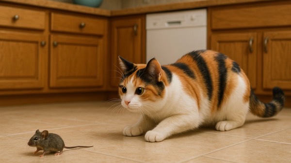 キッチンで小さなネズミをじっと見つめて狙う三毛猫。狩りの本能を感じさせる真剣な表情。