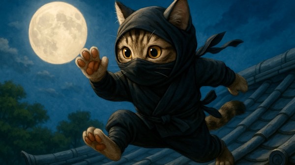 満月の夜、忍者の装いで屋根の上を軽やかに跳ぶ猫。肉球を使って静かに着地する様子を表現。