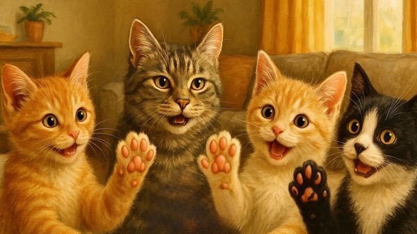 それぞれ違う色の肉球を見せて笑顔を見せる元気な猫たちのグループ