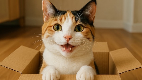 段ボール箱の中から顔を出して笑う可愛い三毛猫。