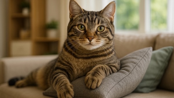 ソファの上でくつろぐキジトラ猫。落ち着いた雰囲気でカメラを見つめている。