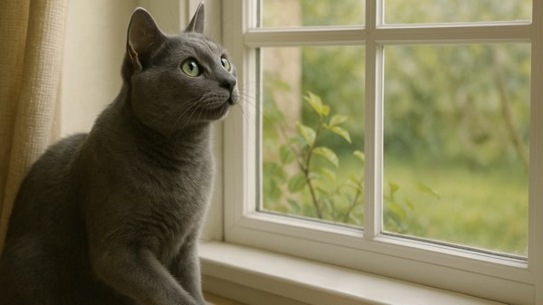 窓辺で外を静かに観察するロシアンブルーの猫。
