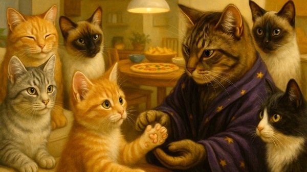 仲間の猫たちを前に、真剣な表情で子猫の肉球を診断している猫たちの集会の様子