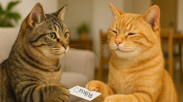 キジトラ猫が茶トラ猫に名刺を渡しているシーン。仲良くやり取りする様子が微笑ましい。