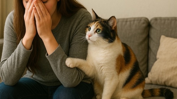 三毛猫が泣いている女性の肩に前足を置いて寄り添っている優しい姿