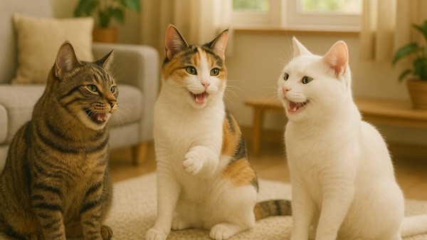 三匹の猫が輪になって楽しそうに鳴き合っているコミュニケーションの様子